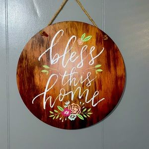 BLESS THIS HOME 18" Diameter Wooden Round Door And Wall Hanging Sign